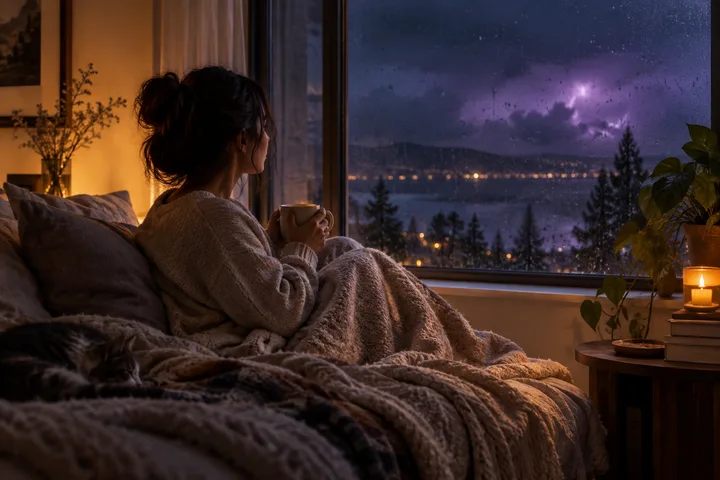 A person rests peacefully with tea and a blanket in a warm room while a distant violet storm glows beyond the rain-speckled window.