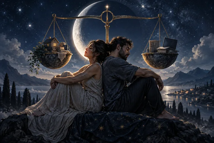 A couple sits back-to-back beneath a moonlit balance scale, with a house and household objects suspended on opposite sides above a starry lakeside scene.