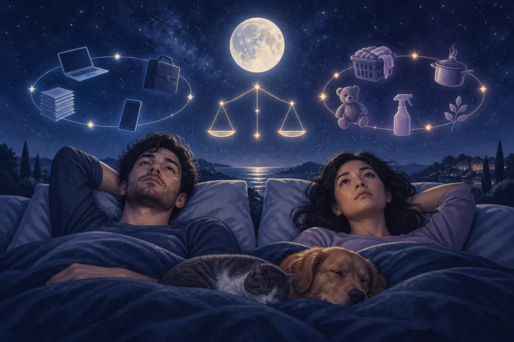 Two exhausted partners lie in bed beneath a full moon while constellation lines connect work items on one side to laundry, cooking, and care objects on the other; a cat and dog rest between them.