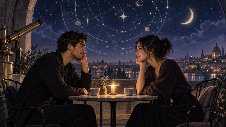 Two people meeting at a moonlit café table beneath an illustrative celestial chart, suggesting instant familiarity without a shared past.