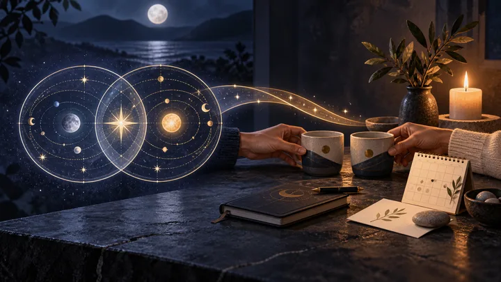 An illustrative two-orbit celestial chart flowing toward two people arranging matching cups beside a calendar and candle, symbolizing shared participation over time.