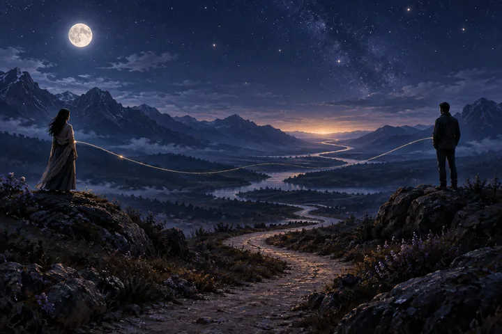 Two people stand on opposite sides of a moonlit mountain valley as a glowing path divides and winds toward different horizons.