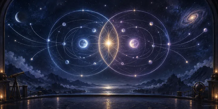 An illustrative celestial diagram shows two overlapping orbital patterns meeting at a bright center while continuing toward separate horizons.