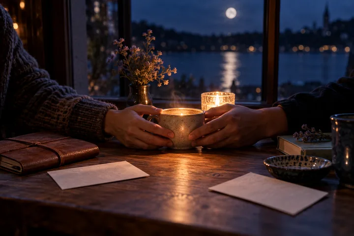 Two people hold the same warm ceramic cup across a wooden table, with blank papers between them and a moonlit lake beyond the window.