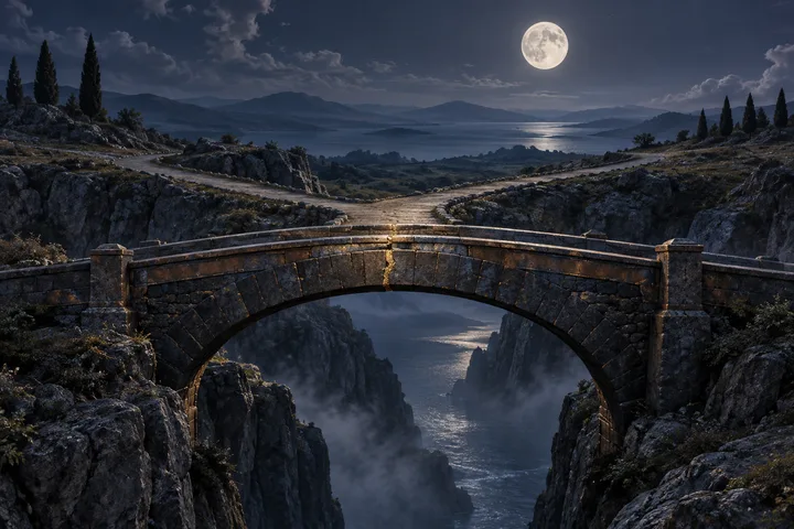 A sturdy stone bridge with a warm repaired seam spans a misty ravine beneath a full moon, joining two paths into one.