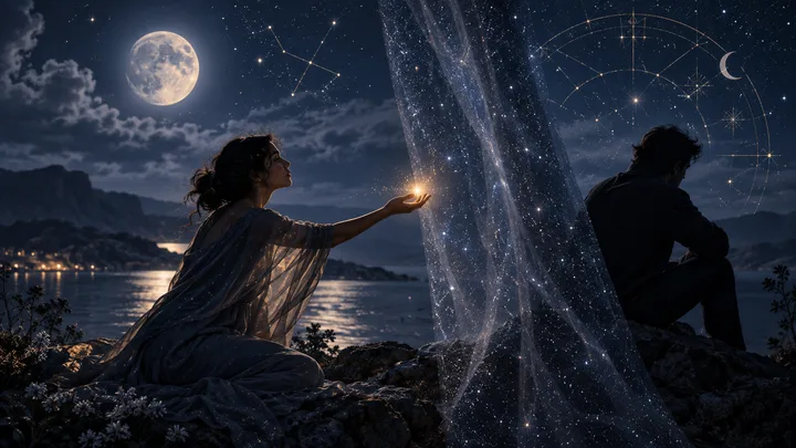 Two seated figures face away from each other on a rocky shore at night, separated by a translucent starry curtain. One reaches toward a small glowing light beneath a full moon, with a lake, mountains, and constellation-like lines in the background.