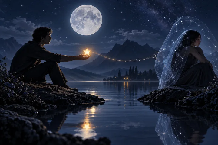 Two figures sit on opposite rocky shores of a calm lake beneath a full moon. One holds out a glowing star connected by a thin line of light to the other, who sits beneath a translucent constellation-patterned dome.