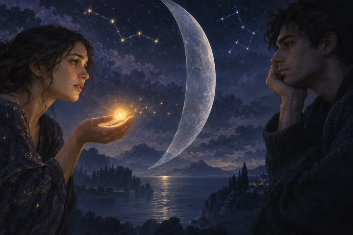 Two figures look toward each other across a large translucent crescent moon. The figure on the left holds a glowing orb, while the figure on the right rests their chin on a hand, overlooking a moonlit mountain lake.