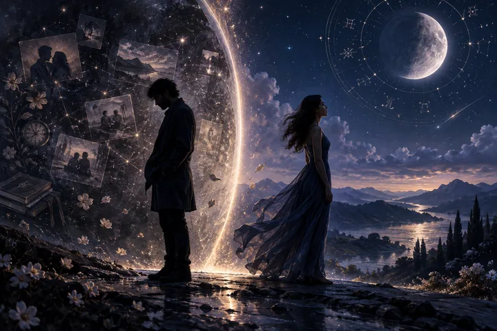 Two visibly separated figures stand on opposite sides of a moonlit path beneath an indigo sky, while faint memory-like stars and a celestial bridge connect them without joining them.