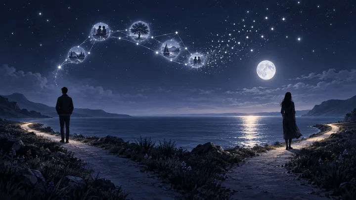 Two separated figures stand on opposite sides of a moonlit shoreline beneath an indigo sky, with constellation imagery arching between them.