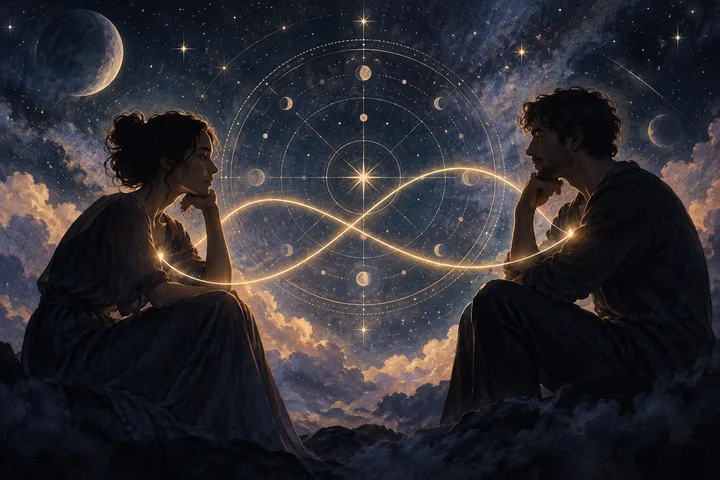 Two people sit across from each other beneath a moonlit indigo sky, connected by a looping golden thread around an illustrative celestial chart.