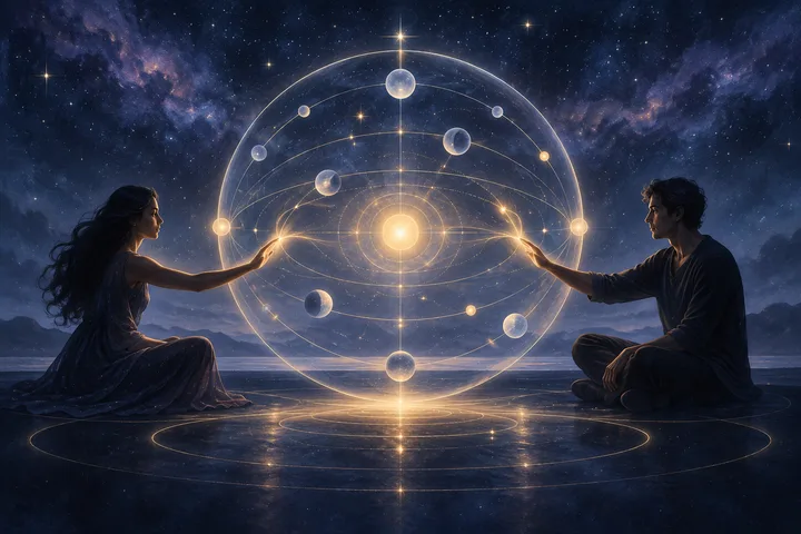 Two equal figures reach toward a shared luminous circular celestial field over a calm indigo landscape, symbolizing the relationship created between them.
