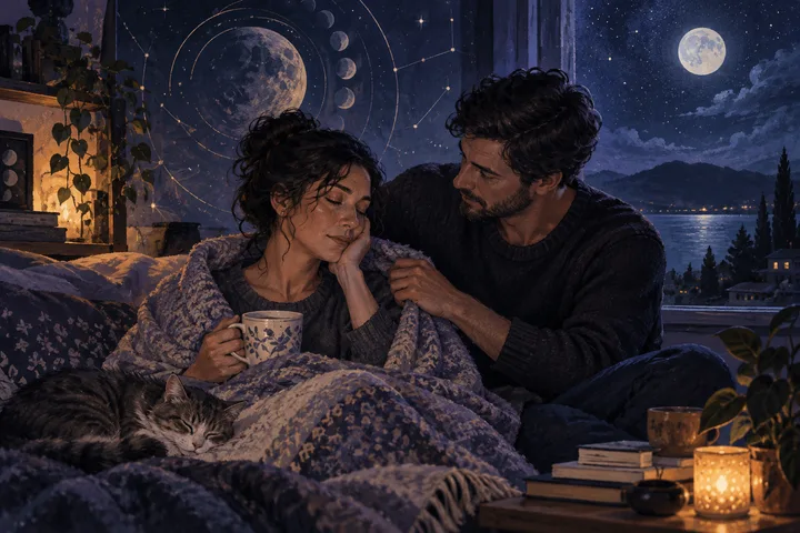 A couple sits close beneath a moonlit indigo sky as one partner rests and the other offers gentle support, with illustrative lunar phases and stars behind them.