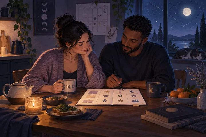 Two partners build a practical seven-day care plan with a calendar and shared tasks at a warmly lit table beneath a moonlit indigo window.
