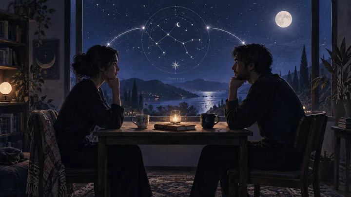 Two people sit across from each other at a candlelit table beneath a moonlit illustrative star chart, suggesting intense recognition that still needs to become mutual participation.