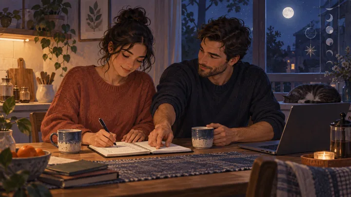 Two people work together at a kitchen table as one writes a plan and the other points to it, with two cups and a moonlit window representing shared effort and follow-through.