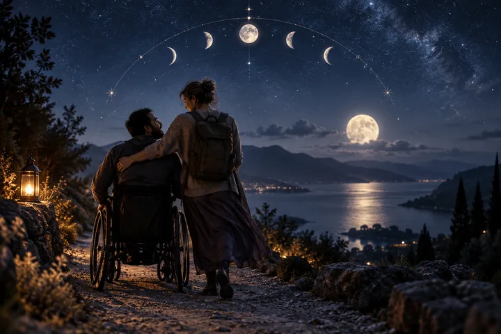 A couple pauses on a moonlit mountain path beside a wheelchair, beneath an illustrative arc of moon phases and stars over a lake.