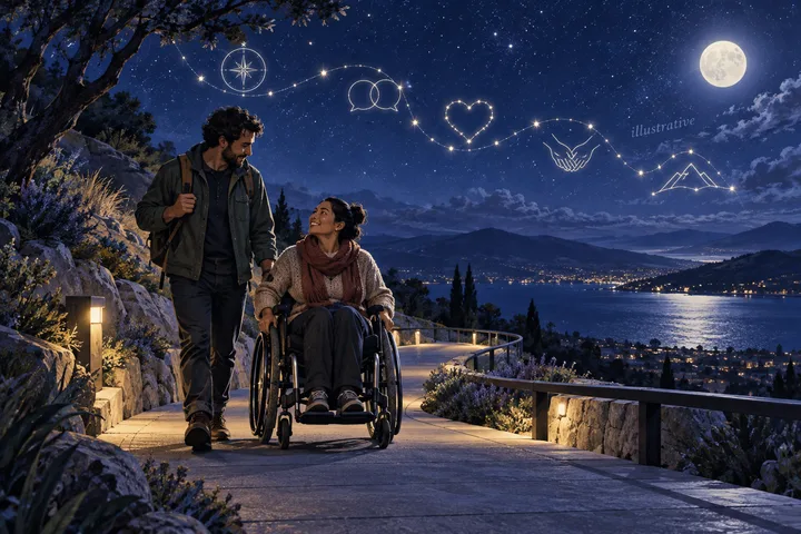 A man walks beside a wheelchair user on a moonlit lakeside path, with illustrative constellations, linked symbols, and a heart drawn across the sky.