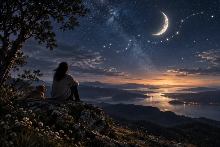 A person and a dog sit on a rocky overlook above a lake at dusk, beneath a star-filled sky with a crescent moon and a bright constellation-like pattern.
