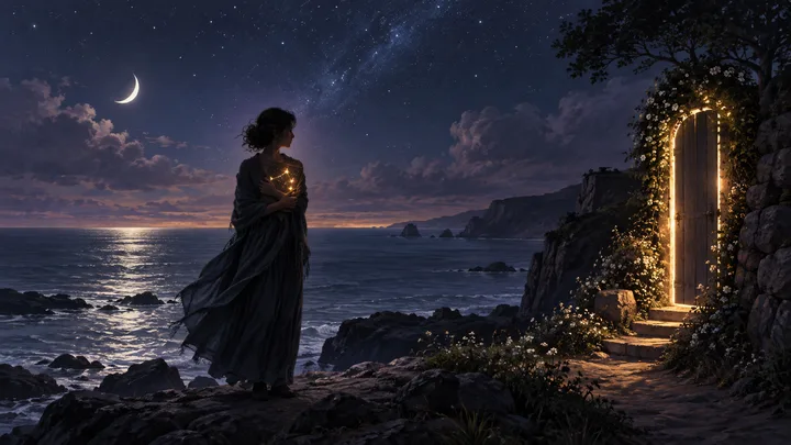 A person in a dark flowing dress stands on a rocky coast holding a small glowing light, facing a brightly lit doorway set into a flower-covered stone wall.