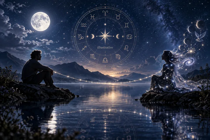 Two seated figures face each other across a moonlit lake, with mountains, stars, an illustrative celestial circle, and glowing lights connecting them.