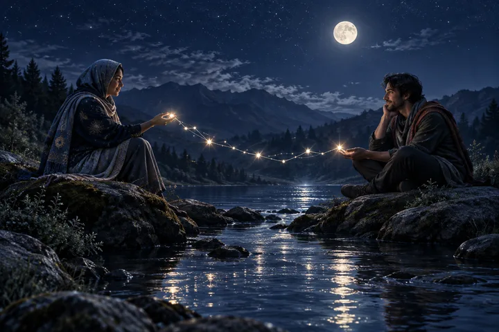 Two people sit on opposite sides of a narrow stream at night and hold a string of glowing lights between them beneath a full moon.