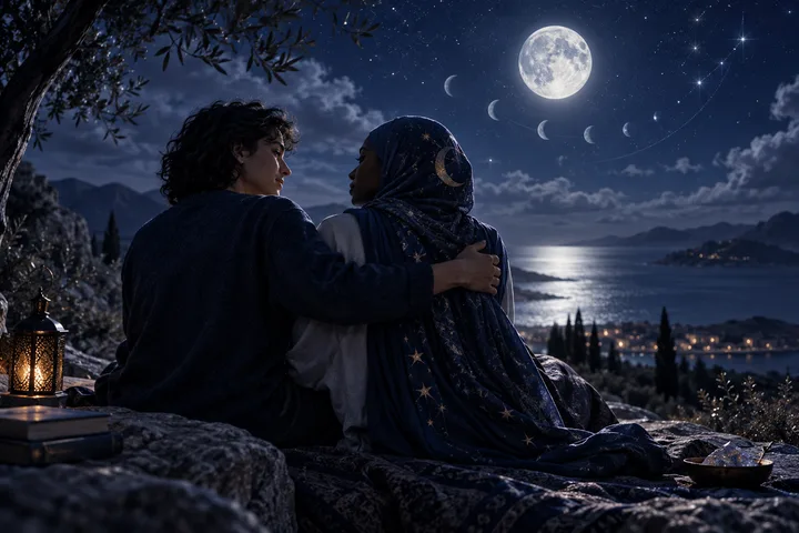 Two people sit together on a rocky hillside above a moonlit lake, one with an arm around the other, while moon phases fill the sky.