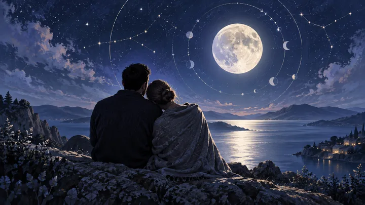 A couple sits together beside a moonlit lake beneath concentric illustrative planetary rings.