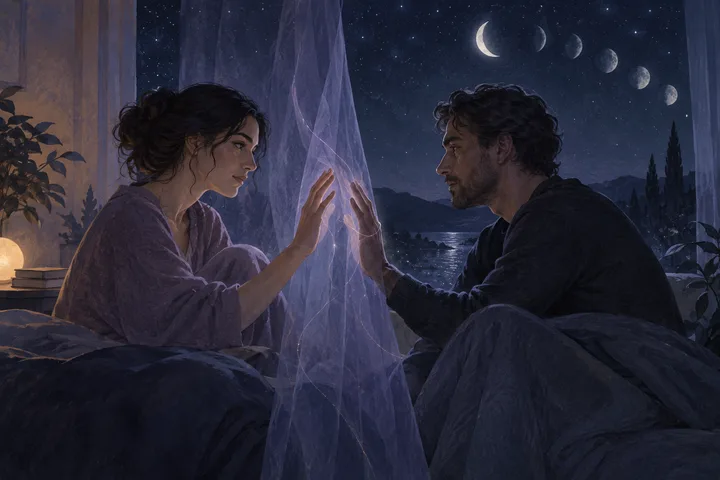 A woman and man reach toward each other across a sheer curtain under a row of moon phases.