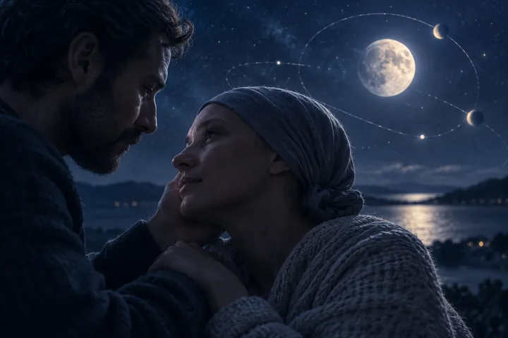 A man gently touches the cheek of a woman wearing a head covering beneath an illustrative lunar orbit.