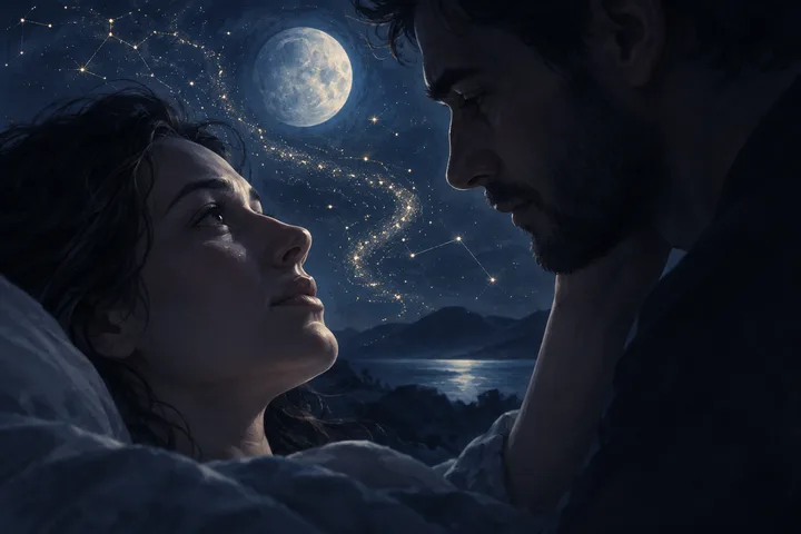 A close-up couple faces one another beneath a glowing moon and a spiral of illustrative stars.
