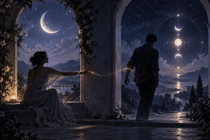 Two silhouetted partners stand on opposite sides of a moonlit stone archway, with lunar phases tracing a glowing path between them.