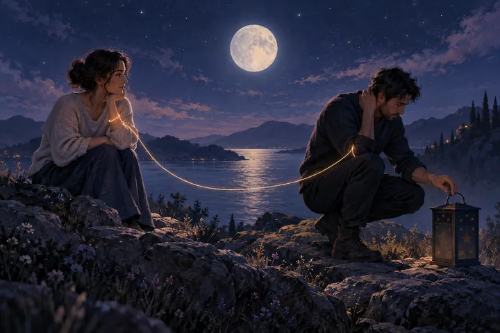 One partner lights a lantern beside a moonlit lake while the other reaches toward the shared evening from the water's edge.