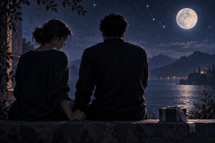 Two people sit together beneath a full moon, with a wrapped gift resting beside them.