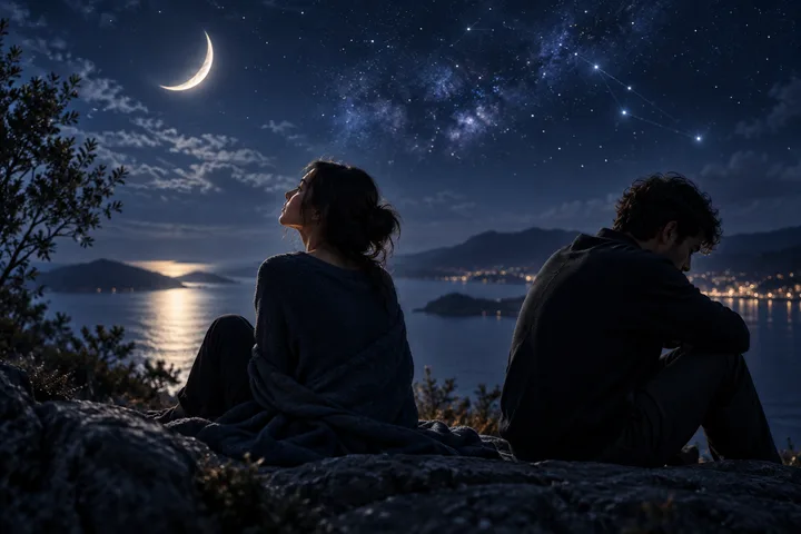 Two partners sit apart beneath a crescent moon, each turned toward the quiet landscape.