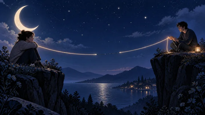 Illustrative synastry scene with a luminous Moon between two pathways, showing emotional safety and different needs for reassurance