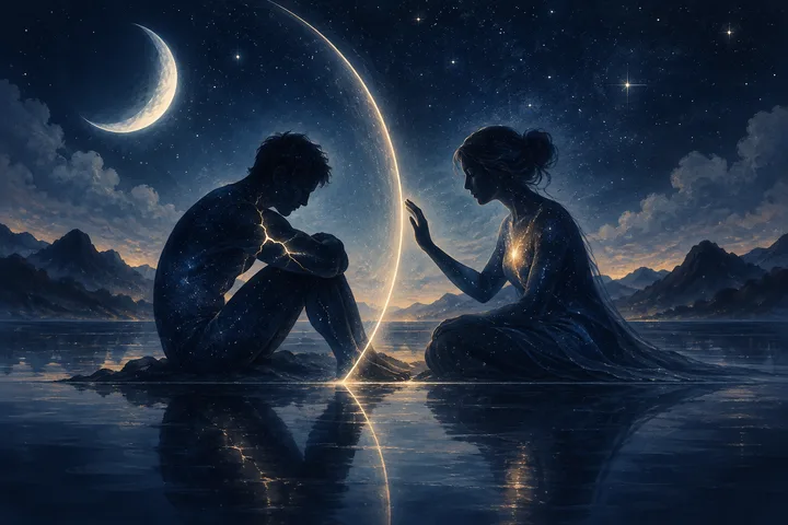 Two silhouetted figures sit facing each other in shallow water beneath a starry sky, separated by a glowing curved arc; a crescent moon and mountains appear in the background.