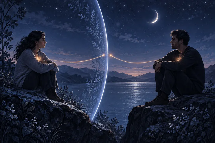 Two people sit on opposite rocky shores of a lake at night, with a glowing curved arc and a thin line of light between them; mountains and a crescent moon are visible behind them.