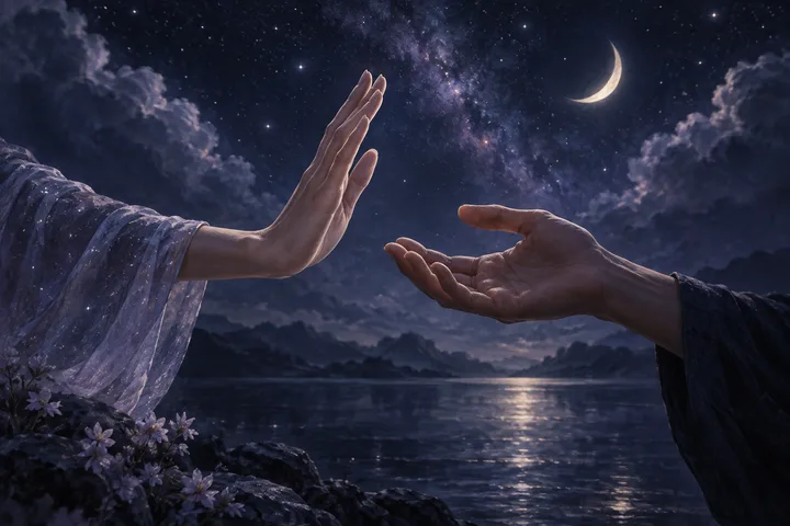 Two outstretched hands face each other above a moonlit lake, one palm raised and the other hand open; flowers, mountains, stars, and a crescent moon surround the scene.