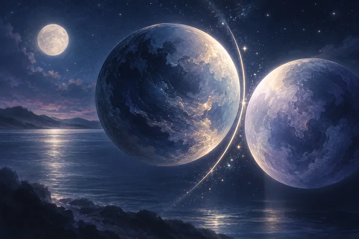 Two large blue planet-like spheres float above a moonlit lake, with a bright curved line between them; a full moon, stars, and mountains are visible in the background.
