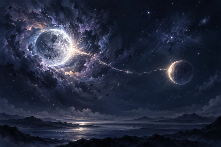 A large cratered moon-like sphere and a smaller dark sphere are linked by glowing threads above a starry night sea, with clouds and distant mountains below.