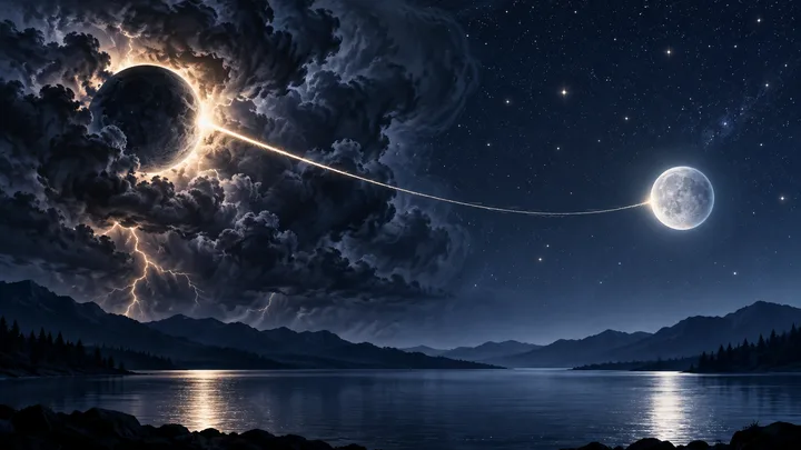 A dark sphere rimmed with light hangs in storm clouds above a mountain lake, connected by a thin glowing line to a bright cratered moon-like sphere.