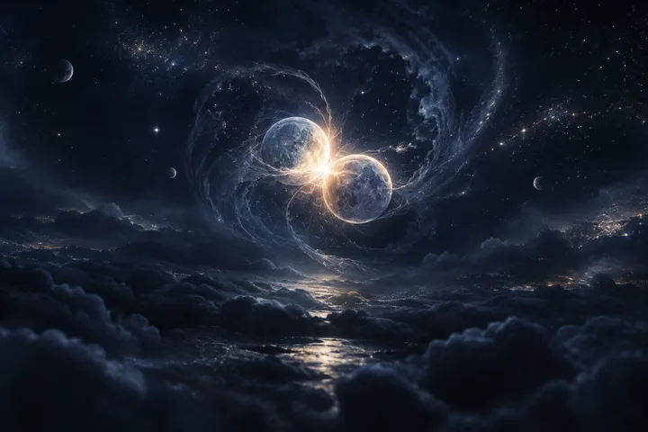 Two translucent cratered spheres touch at their glowing centers amid swirling wisps, stars, and clouds reflected in dark water below.