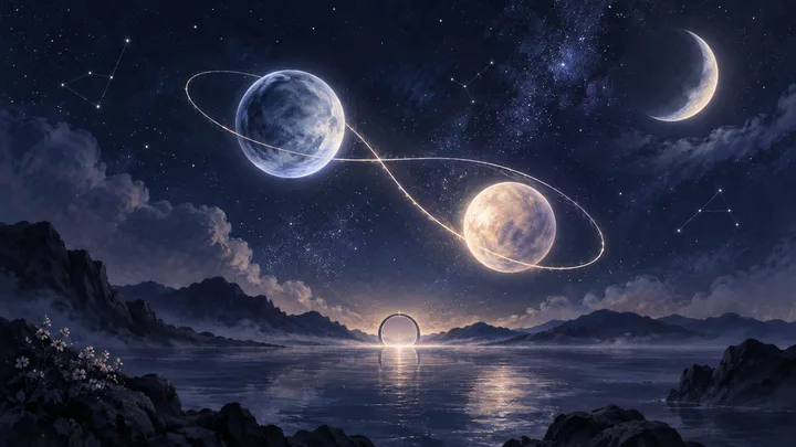 Two luminous planets circle one another above a moonlit lake, with a smaller crescent moon and a glowing ring on the horizon.