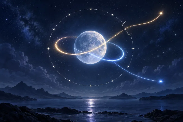 A full moon anchors intersecting blue and gold orbital paths inside a dotted celestial circle over dark water.