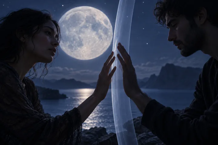 Two people face each other across a translucent vertical divide, their raised hands nearly meeting beneath a full moon.