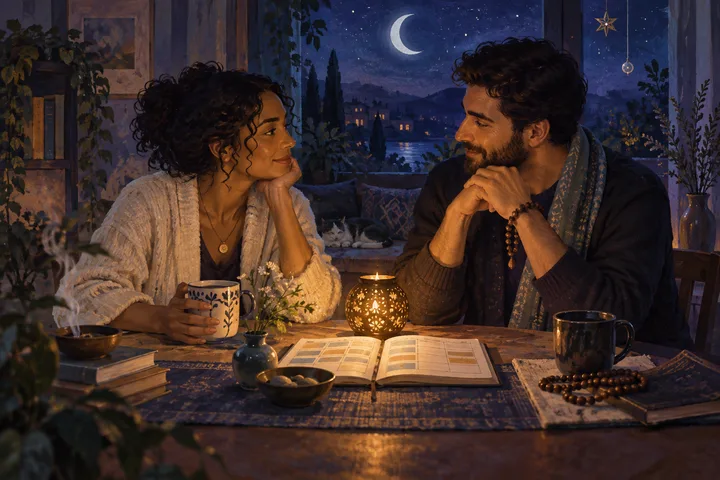 Editorial illustration of two people making room for different spiritual practices in a shared home.