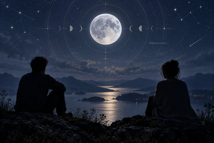 Two silhouetted figures sit on a rocky overlook above a moonlit lake, beneath a full moon and starry sky.