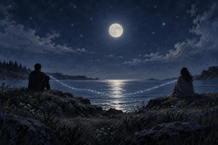 Two figures sit on opposite sides of a moonlit shoreline, with a glowing dotted line stretching between them across the water.