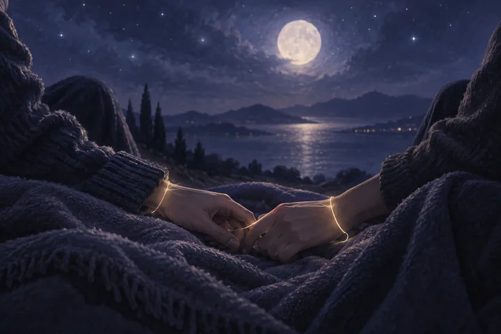 Two hands gently touch over a dark blanket, with a glowing thread around the wrists and a moonlit lake in the background.